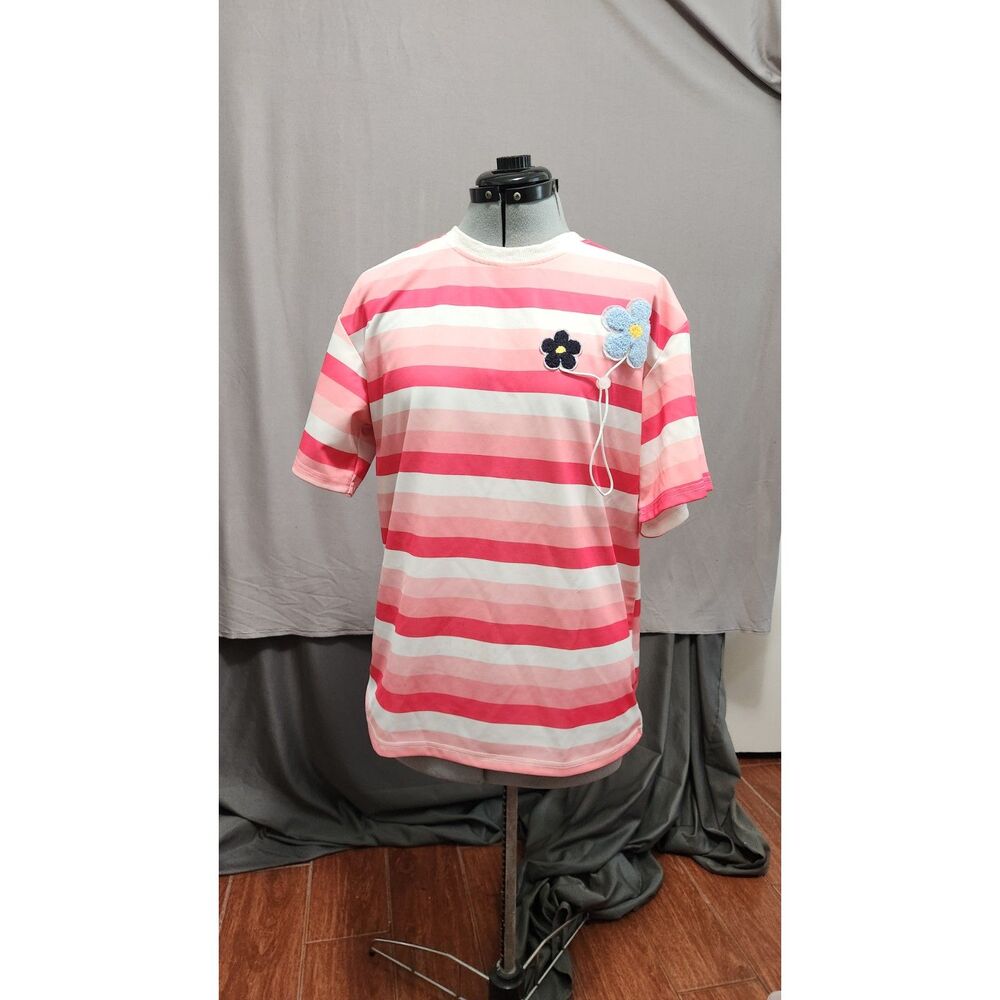 Pink Girls Top Stripe Shirt Embroidered Flower Tee Sleeve Preppy Student sz L